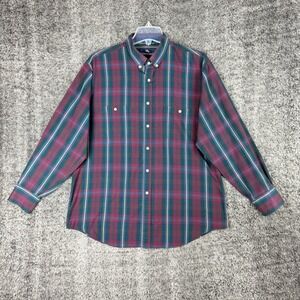 Vtg Steeplechase Men's L Plaid Button Down Shirt Green Burgundy Long Sleeve Work